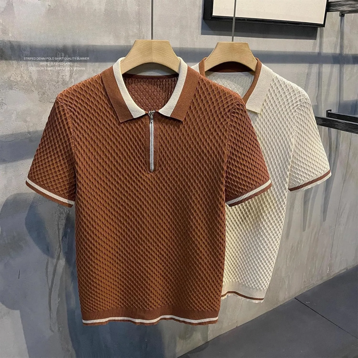 2025 Men's Casual V Neck Knitted Polo Shirt Slim-Fit Cotton Pique Solid Color Short Sleeve Shirt