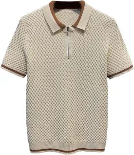 2025 Men's Casual V Neck Knitted Polo Shirt Slim-Fit Cotton Pique Solid Color Short Sleeve Shirt
