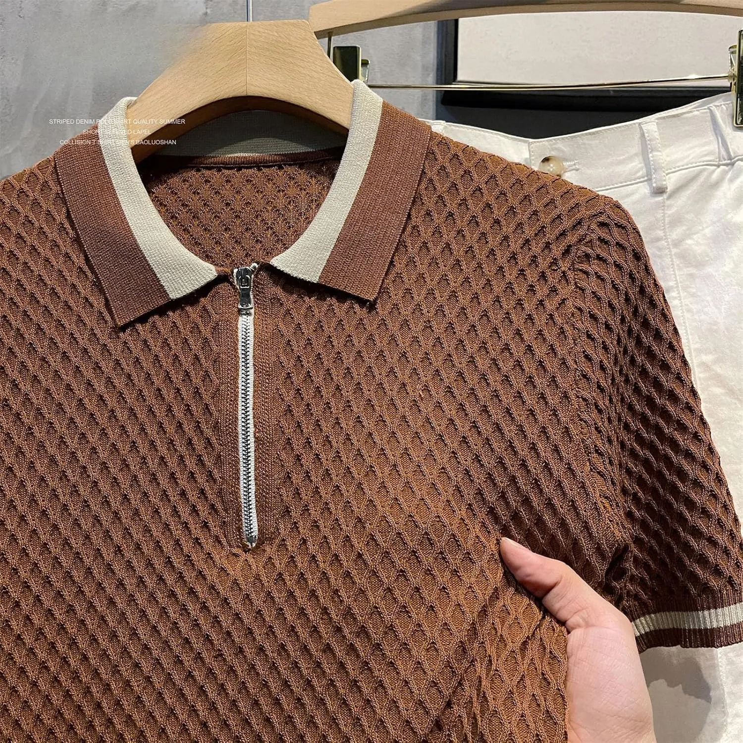 2025 Men's Casual V Neck Knitted Polo Shirt Slim-Fit Cotton Pique Solid Color Short Sleeve Shirt