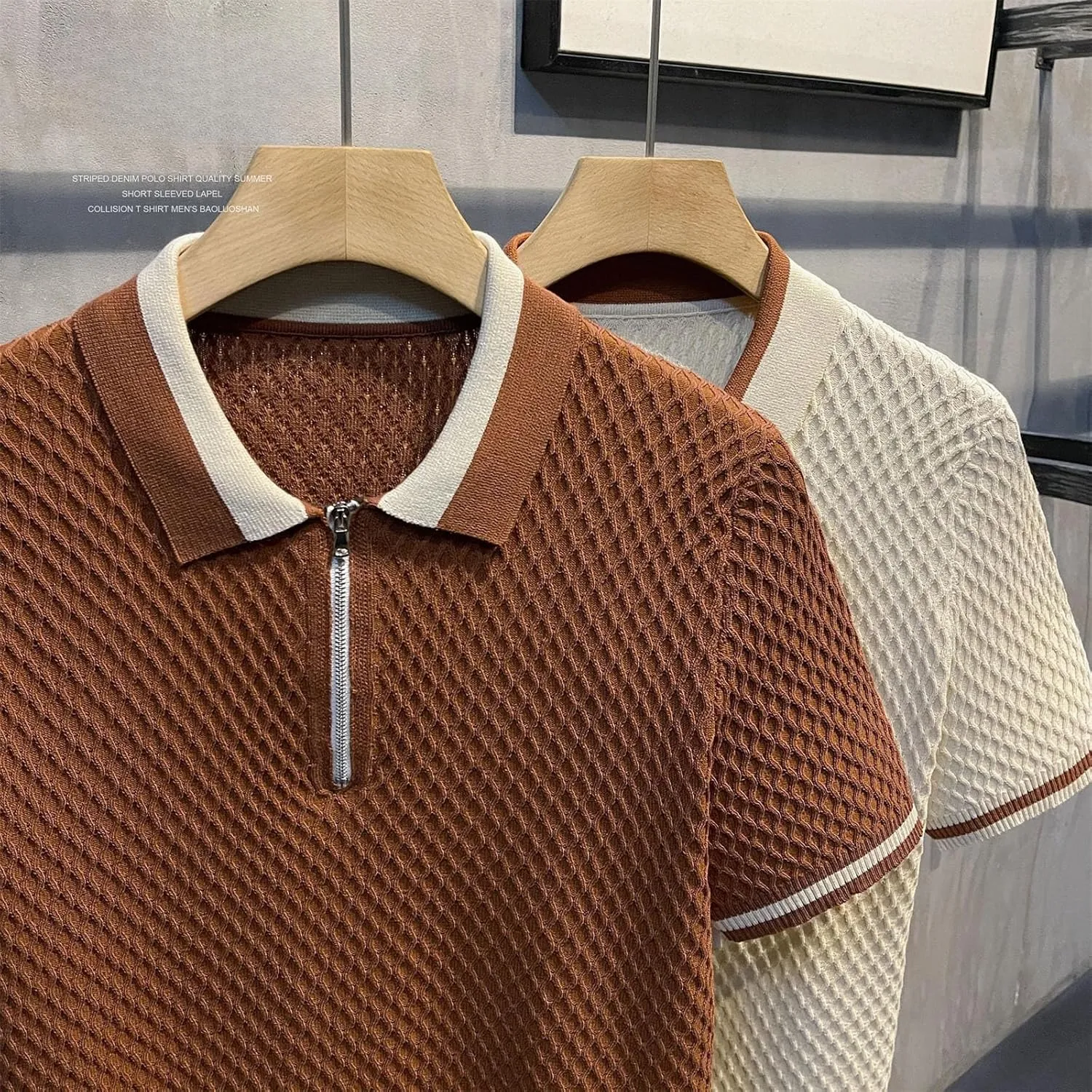 2025 Men's Casual V Neck Knitted Polo Shirt Slim-Fit Cotton Pique Solid Color Short Sleeve Shirt