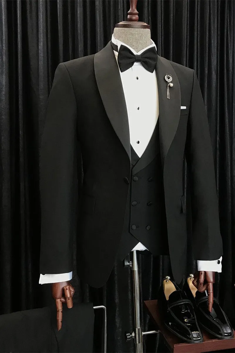 Angus Sophisticated Black Shawl Lapel Three-Piece Tailored Men’s Suits