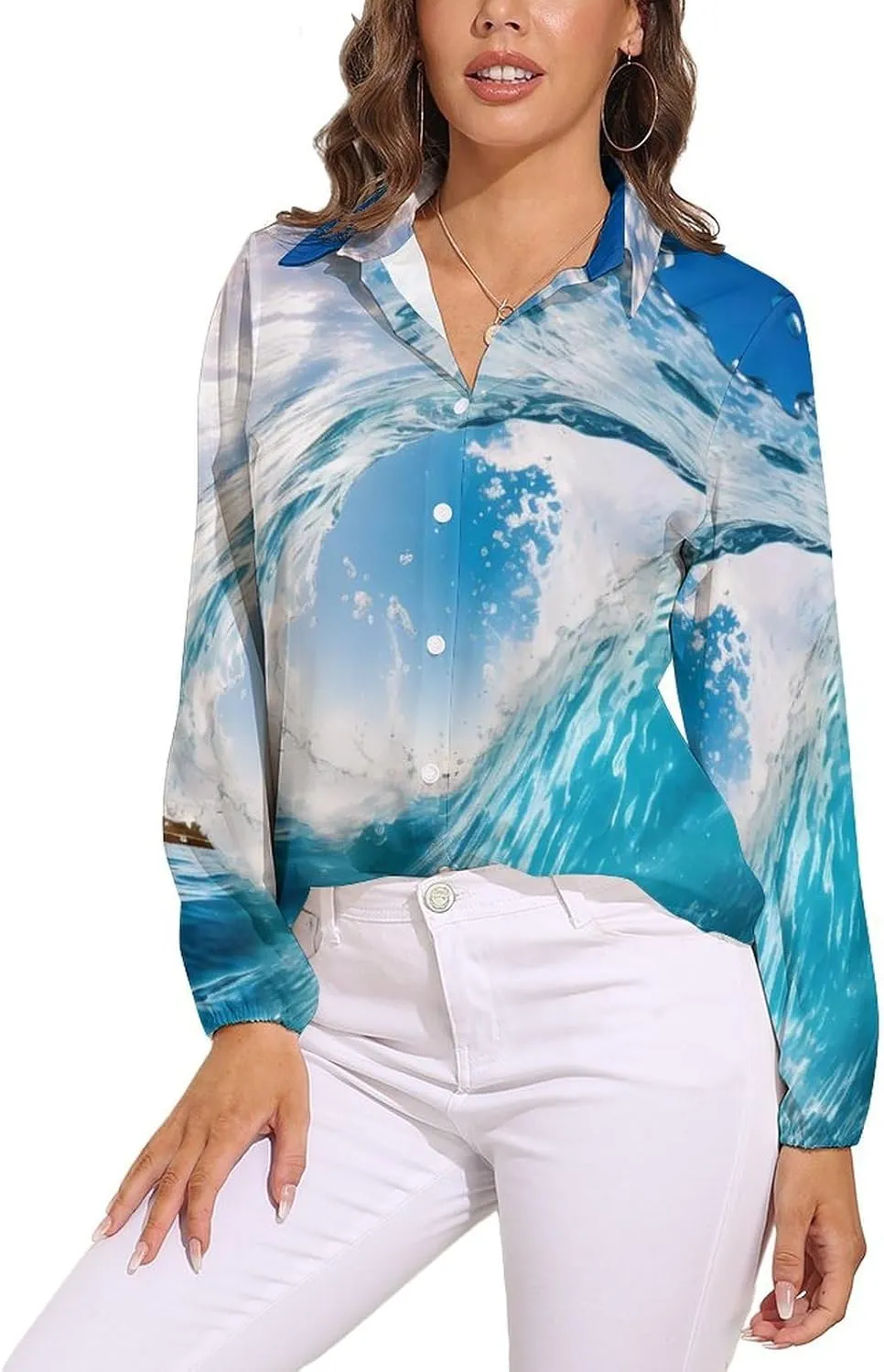 Blue Ocean Wave Surfing Womens Long Sleeve Shirts V Neck Button Down Blouses Casual T-Shirt Tops