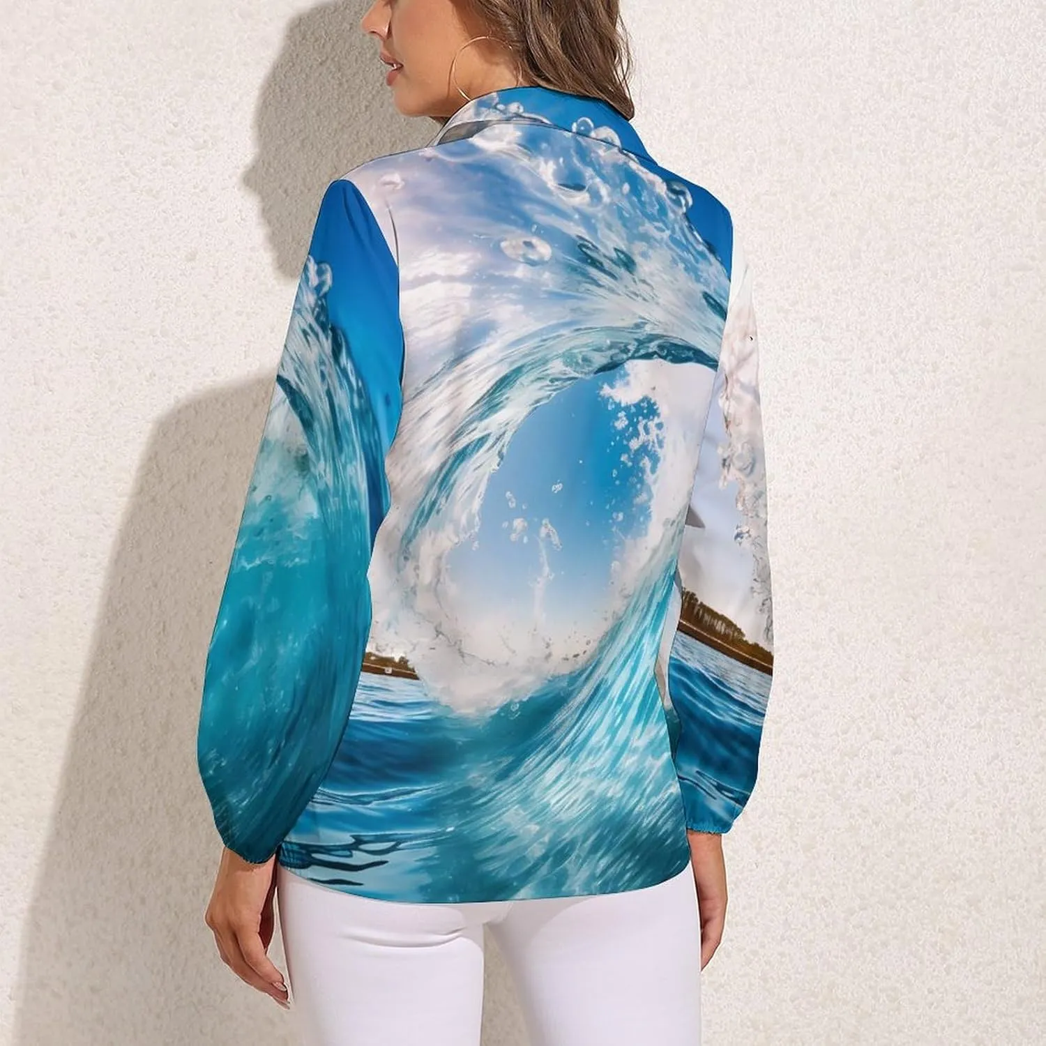 Blue Ocean Wave Surfing Womens Long Sleeve Shirts V Neck Button Down Blouses Casual T-Shirt Tops