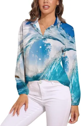 Blue Ocean Wave Surfing Womens Long Sleeve Shirts V Neck Button Down Blouses Casual T-Shirt Tops