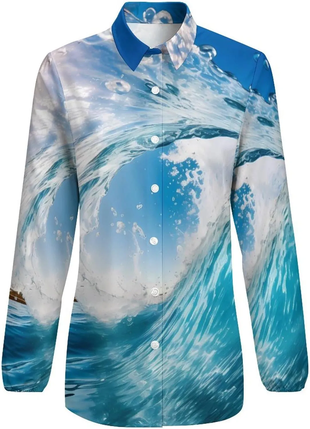 Blue Ocean Wave Surfing Womens Long Sleeve Shirts V Neck Button Down Blouses Casual T-Shirt Tops
