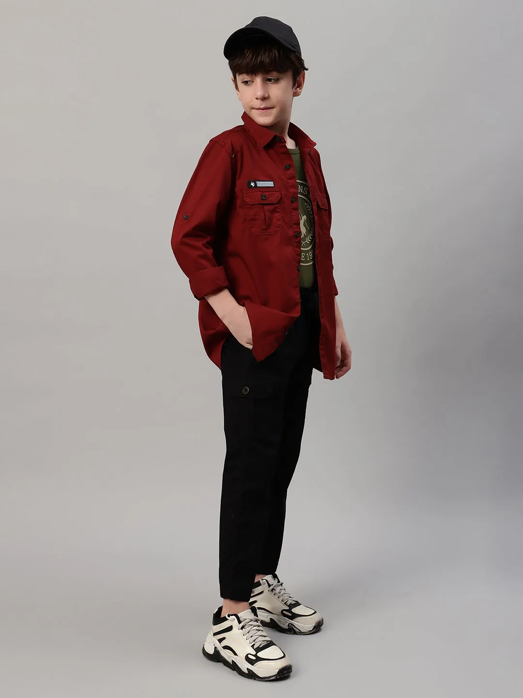 Boy's Maroon Solid Full Sleeve Shirt