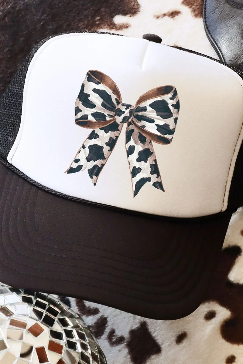 Cow Print Coquette Bow Otto Black with White Foam Front Trucker Hat
