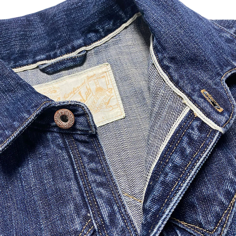 DDL 332 SWT-V1 REGULAR FIT SAWTOOTH INSPIRED 2 POCKET CONE MILLS BLACK SEED PIMA COTTON SELVEDGE DENIM VINTAGE WASH JACKET-12.25OZ-V1 INDIGO