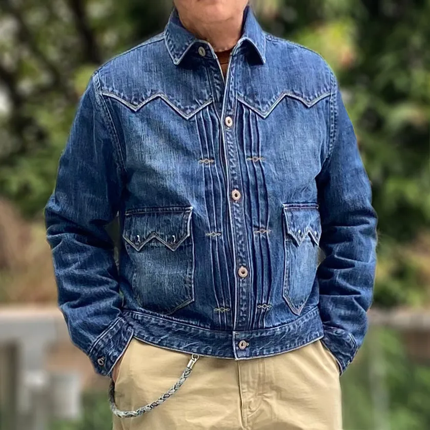 DDL 332 SWT-V1 REGULAR FIT SAWTOOTH INSPIRED 2 POCKET CONE MILLS BLACK SEED PIMA COTTON SELVEDGE DENIM VINTAGE WASH JACKET-12.25OZ-V1 INDIGO