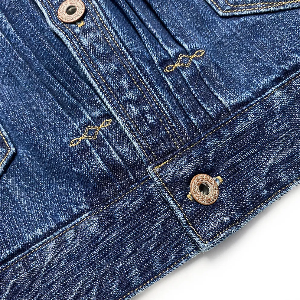 DDL 332 SWT-V1 REGULAR FIT SAWTOOTH INSPIRED 2 POCKET CONE MILLS BLACK SEED PIMA COTTON SELVEDGE DENIM VINTAGE WASH JACKET-12.25OZ-V1 INDIGO