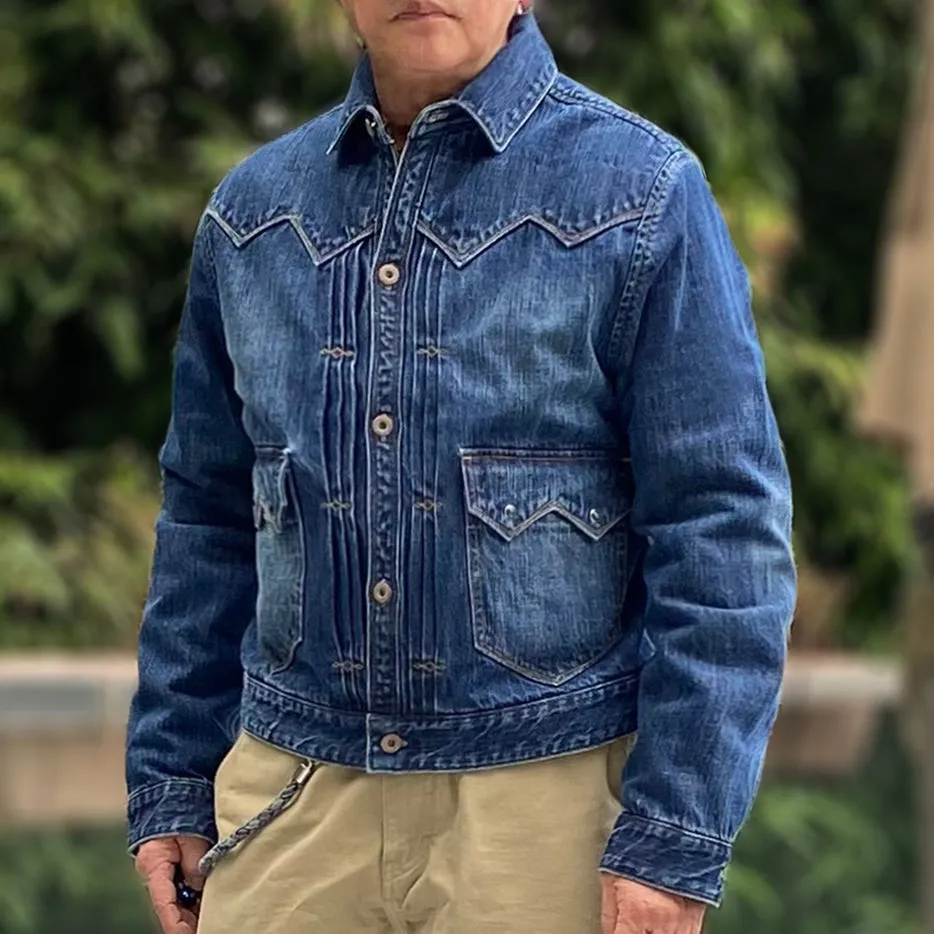 DDL 332 SWT-V1 REGULAR FIT SAWTOOTH INSPIRED 2 POCKET CONE MILLS BLACK SEED PIMA COTTON SELVEDGE DENIM VINTAGE WASH JACKET-12.25OZ-V1 INDIGO