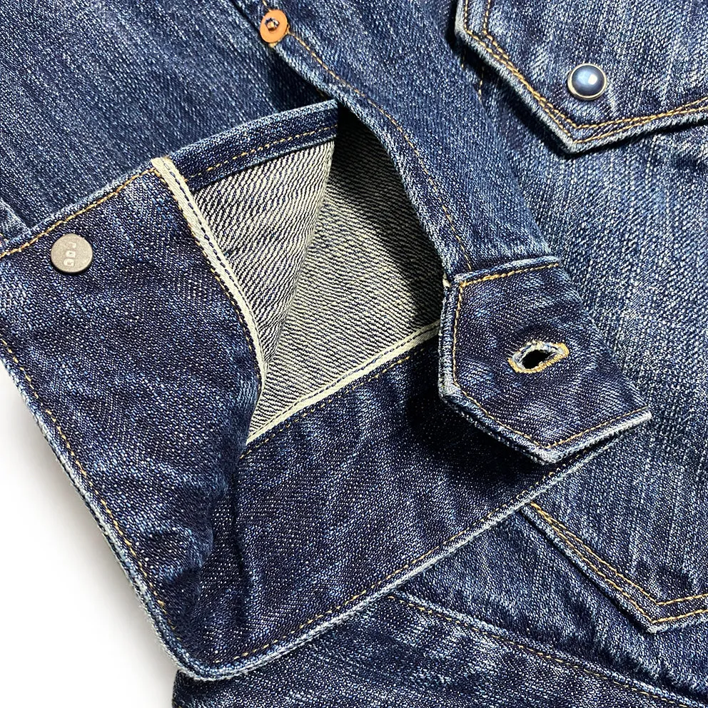 DDL 332 SWT-V1 REGULAR FIT SAWTOOTH INSPIRED 2 POCKET CONE MILLS BLACK SEED PIMA COTTON SELVEDGE DENIM VINTAGE WASH JACKET-12.25OZ-V1 INDIGO