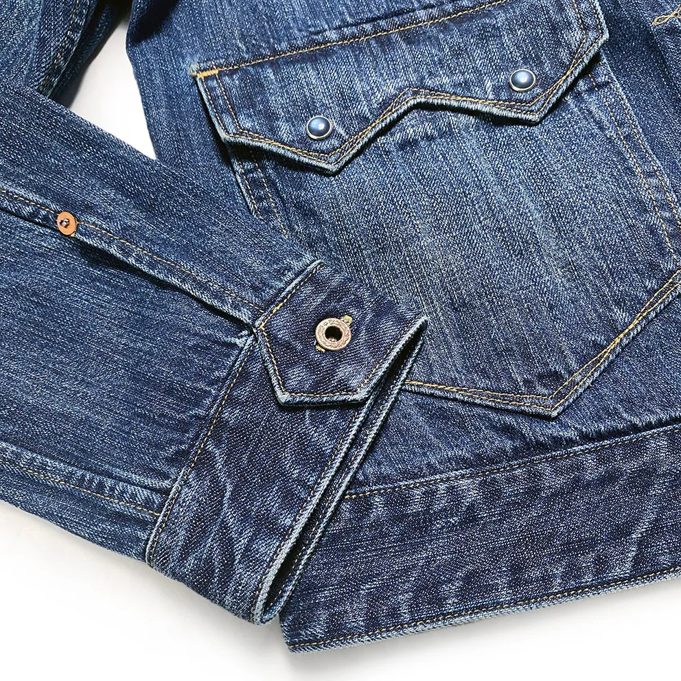 DDL 332 SWT-V1 REGULAR FIT SAWTOOTH INSPIRED 2 POCKET CONE MILLS BLACK SEED PIMA COTTON SELVEDGE DENIM VINTAGE WASH JACKET-12.25OZ-V1 INDIGO