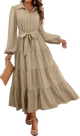 dowerme Women's Spring Dresses 2025 Long Sleeve V Neck Button Down Belted A-Line Flowy Ruffle Maxi Shirt Dress Pockets