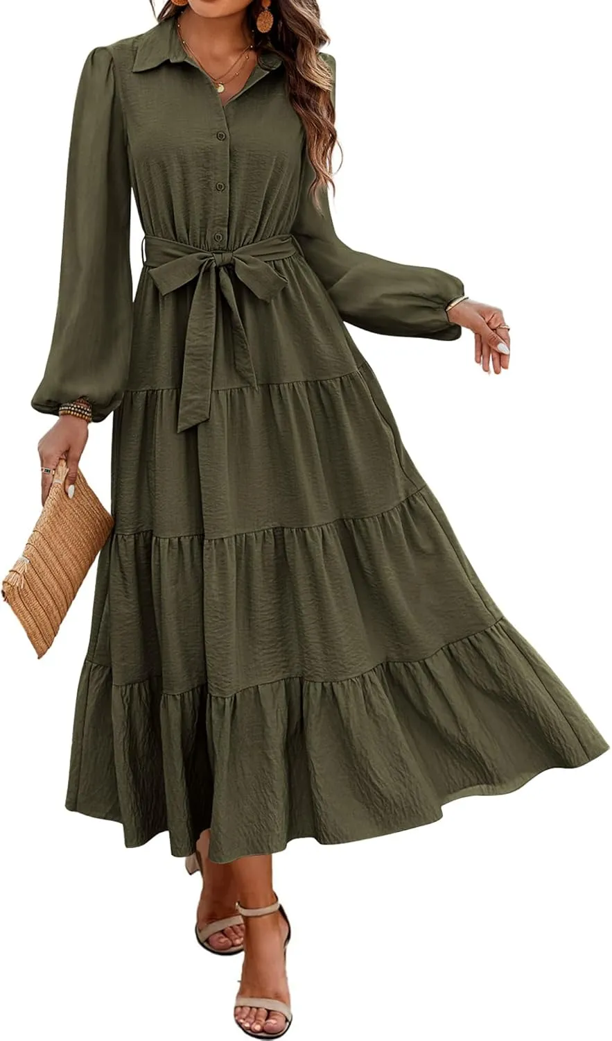 dowerme Women's Spring Dresses 2025 Long Sleeve V Neck Button Down Belted A-Line Flowy Ruffle Maxi Shirt Dress Pockets