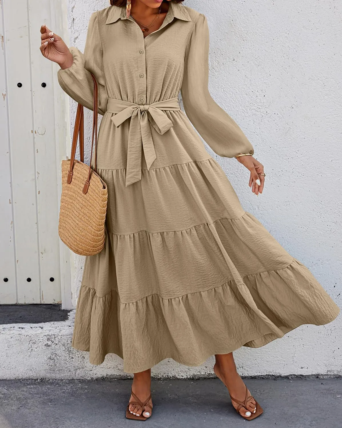 dowerme Women's Spring Dresses 2025 Long Sleeve V Neck Button Down Belted A-Line Flowy Ruffle Maxi Shirt Dress Pockets
