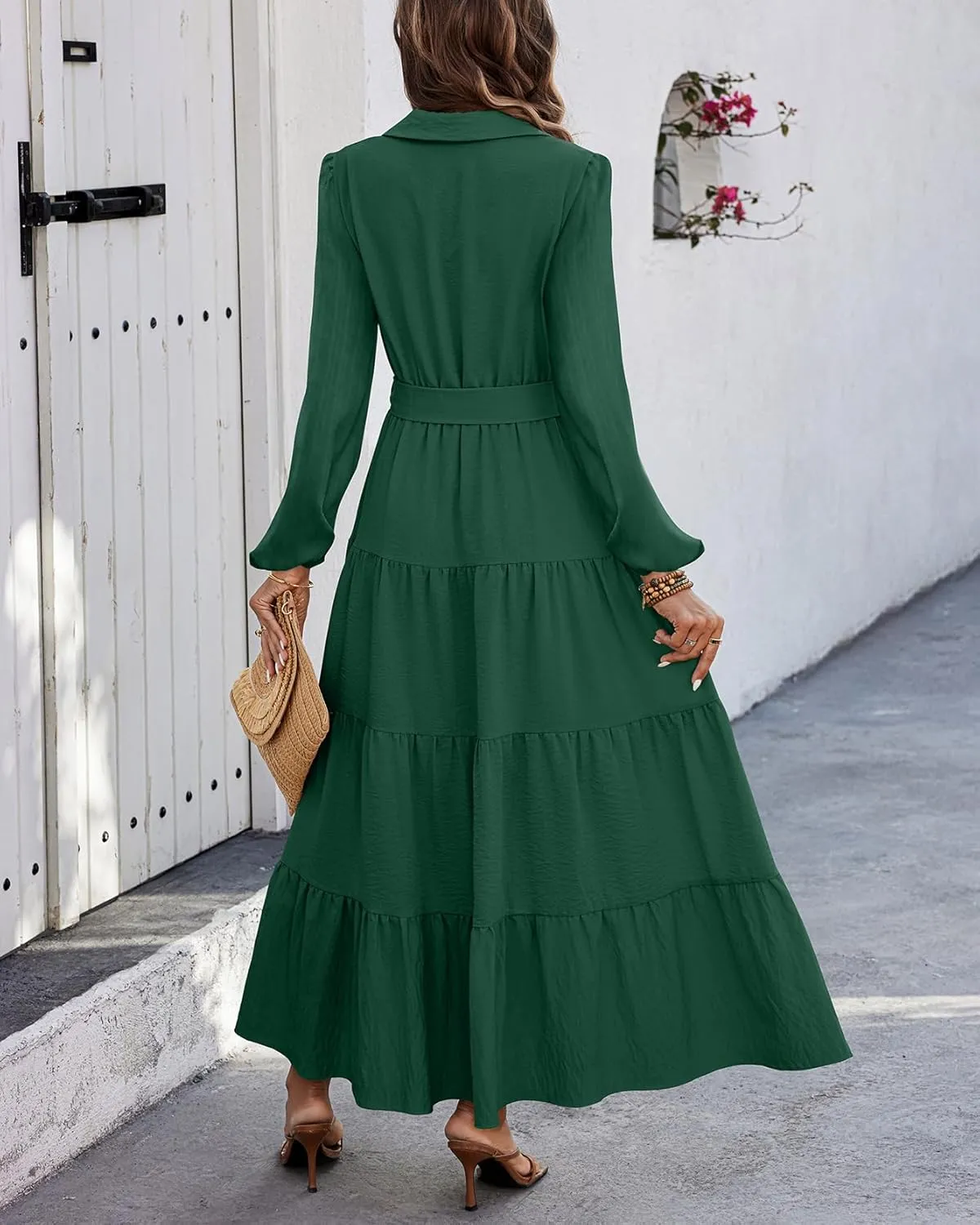 dowerme Women's Spring Dresses 2025 Long Sleeve V Neck Button Down Belted A-Line Flowy Ruffle Maxi Shirt Dress Pockets