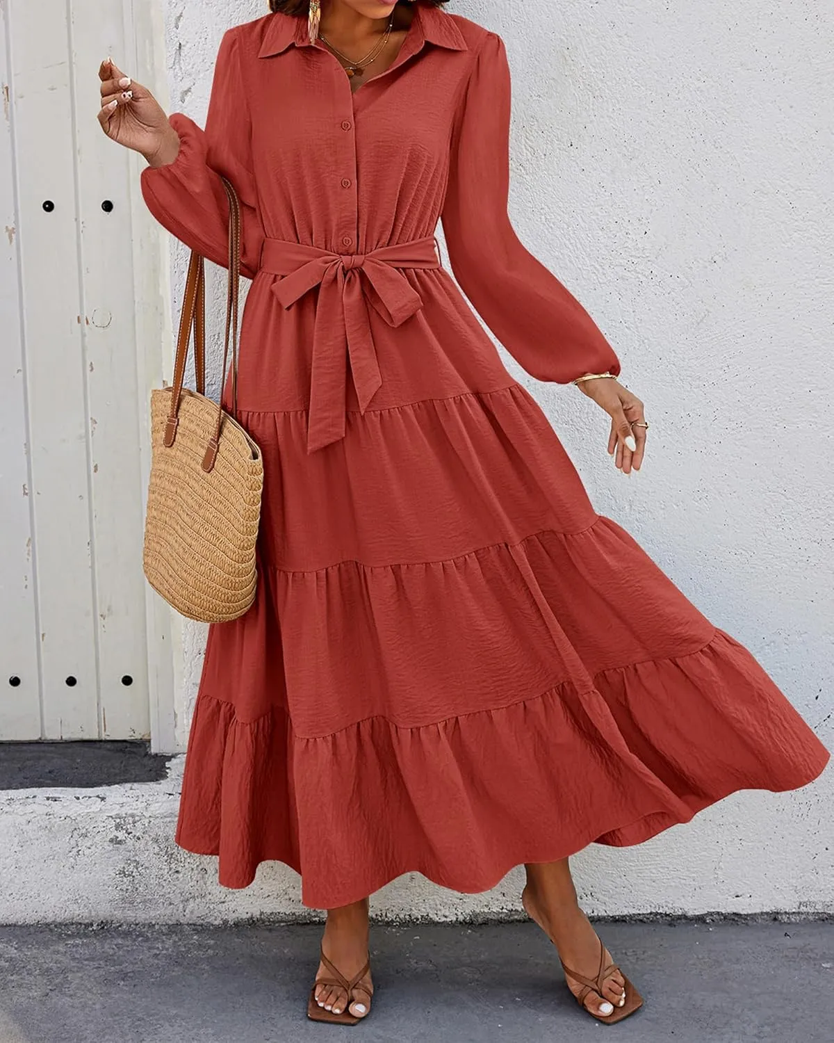 dowerme Women's Spring Dresses 2025 Long Sleeve V Neck Button Down Belted A-Line Flowy Ruffle Maxi Shirt Dress Pockets