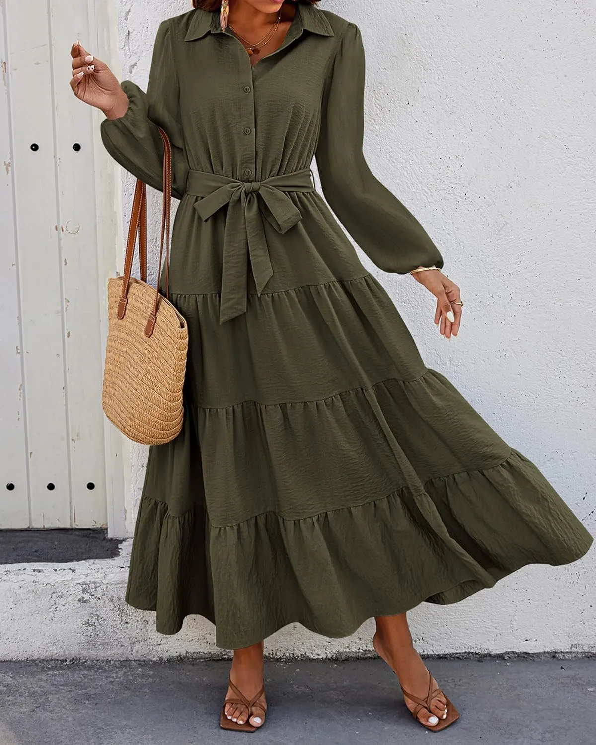dowerme Women's Spring Dresses 2025 Long Sleeve V Neck Button Down Belted A-Line Flowy Ruffle Maxi Shirt Dress Pockets