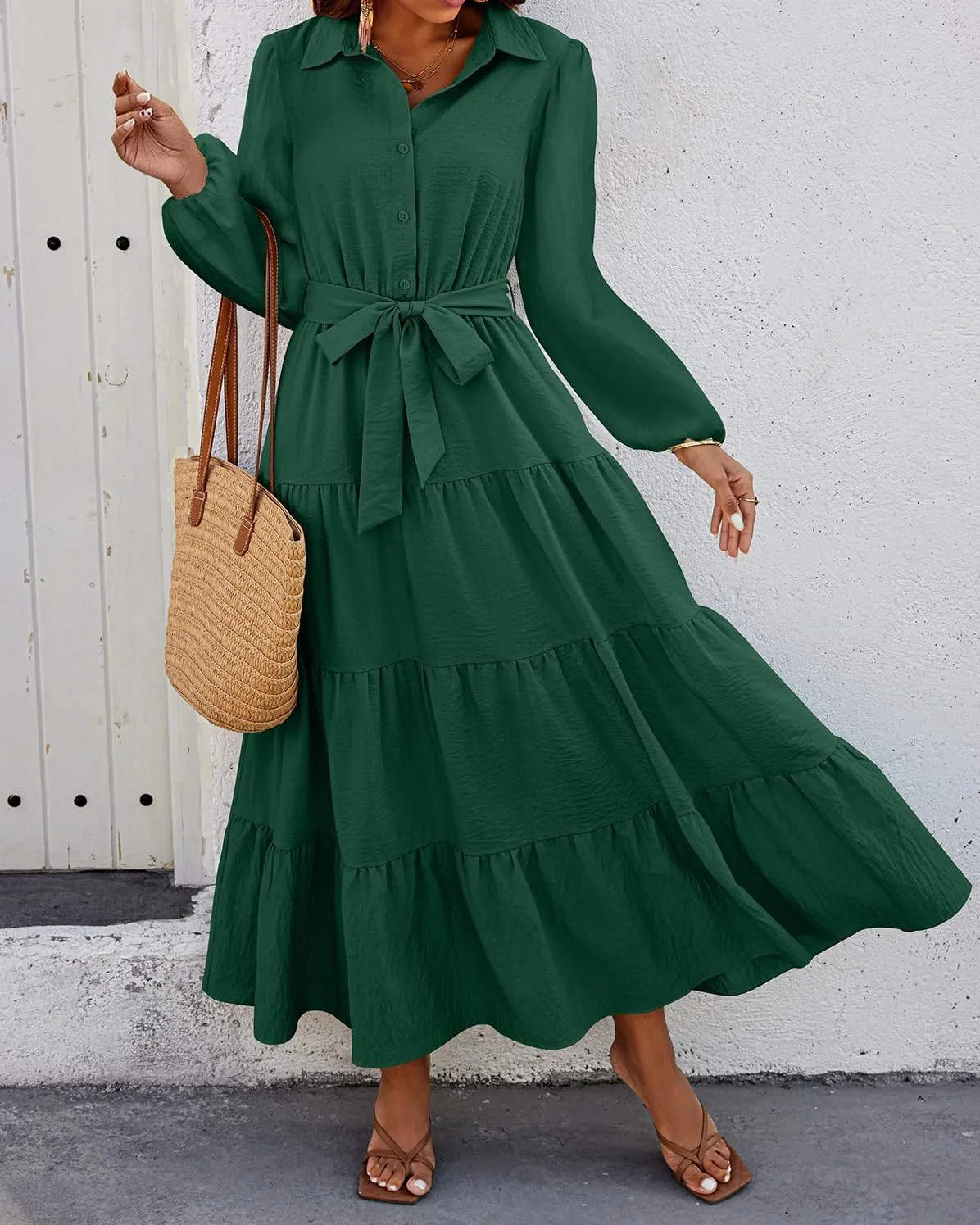 dowerme Women's Spring Dresses 2025 Long Sleeve V Neck Button Down Belted A-Line Flowy Ruffle Maxi Shirt Dress Pockets