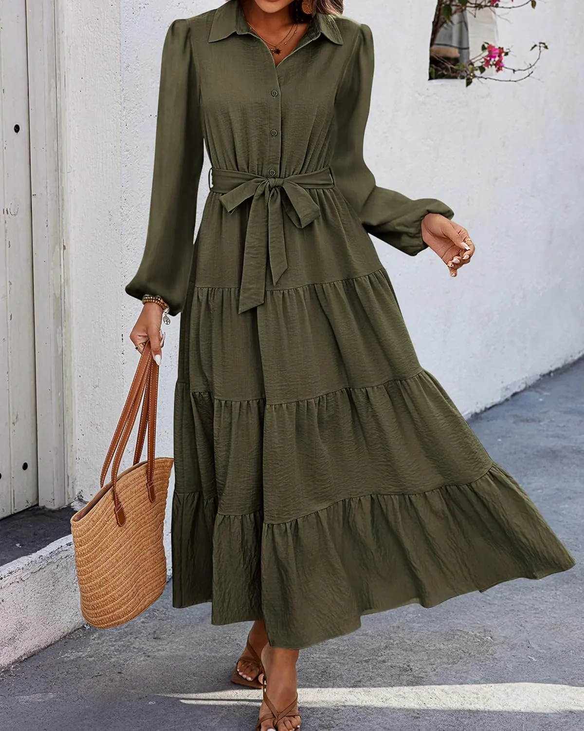 dowerme Women's Spring Dresses 2025 Long Sleeve V Neck Button Down Belted A-Line Flowy Ruffle Maxi Shirt Dress Pockets
