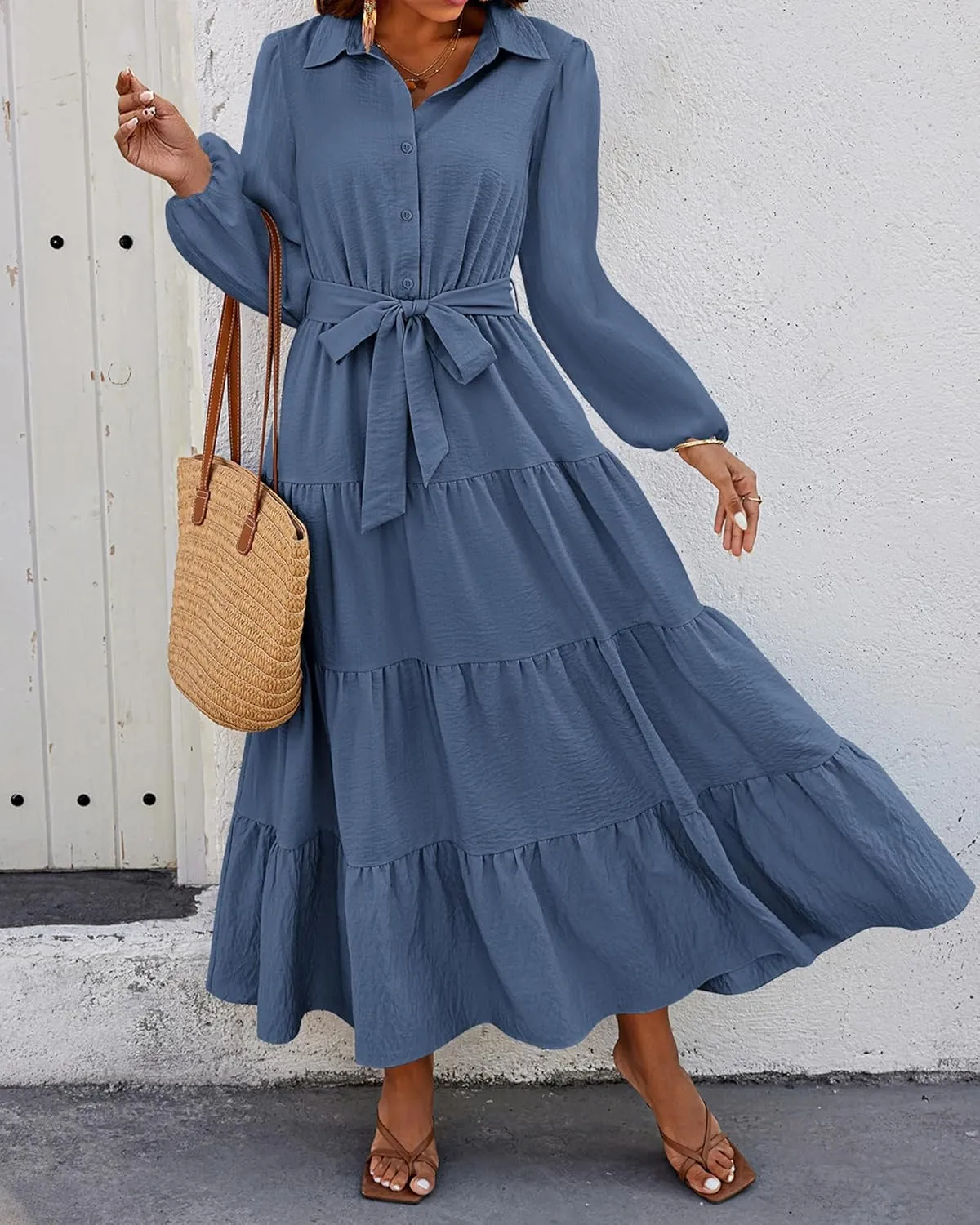dowerme Women's Spring Dresses 2025 Long Sleeve V Neck Button Down Belted A-Line Flowy Ruffle Maxi Shirt Dress Pockets
