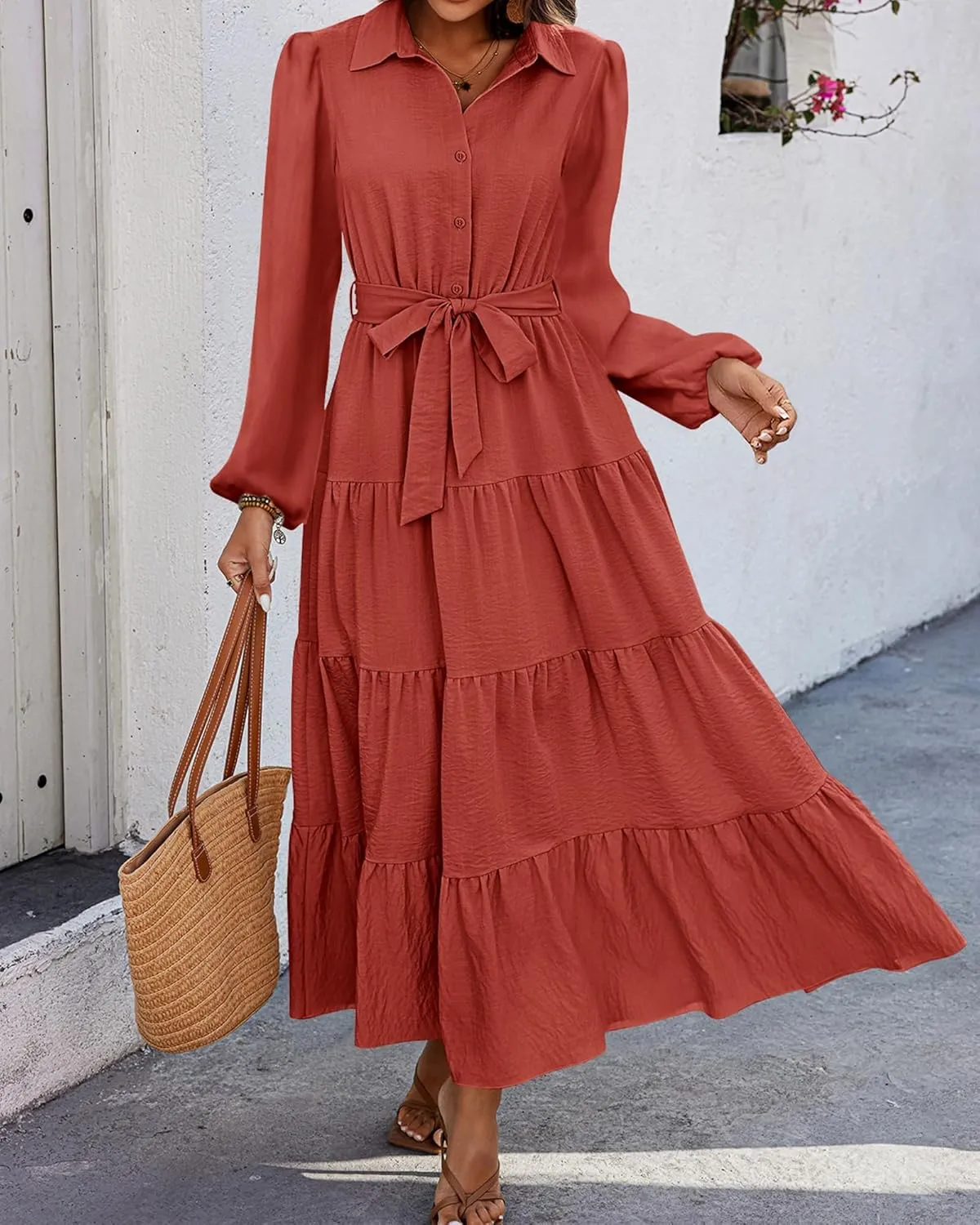 dowerme Women's Spring Dresses 2025 Long Sleeve V Neck Button Down Belted A-Line Flowy Ruffle Maxi Shirt Dress Pockets
