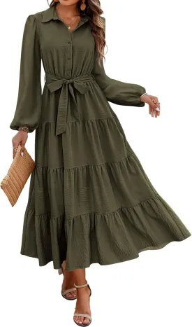dowerme Women's Spring Dresses 2025 Long Sleeve V Neck Button Down Belted A-Line Flowy Ruffle Maxi Shirt Dress Pockets