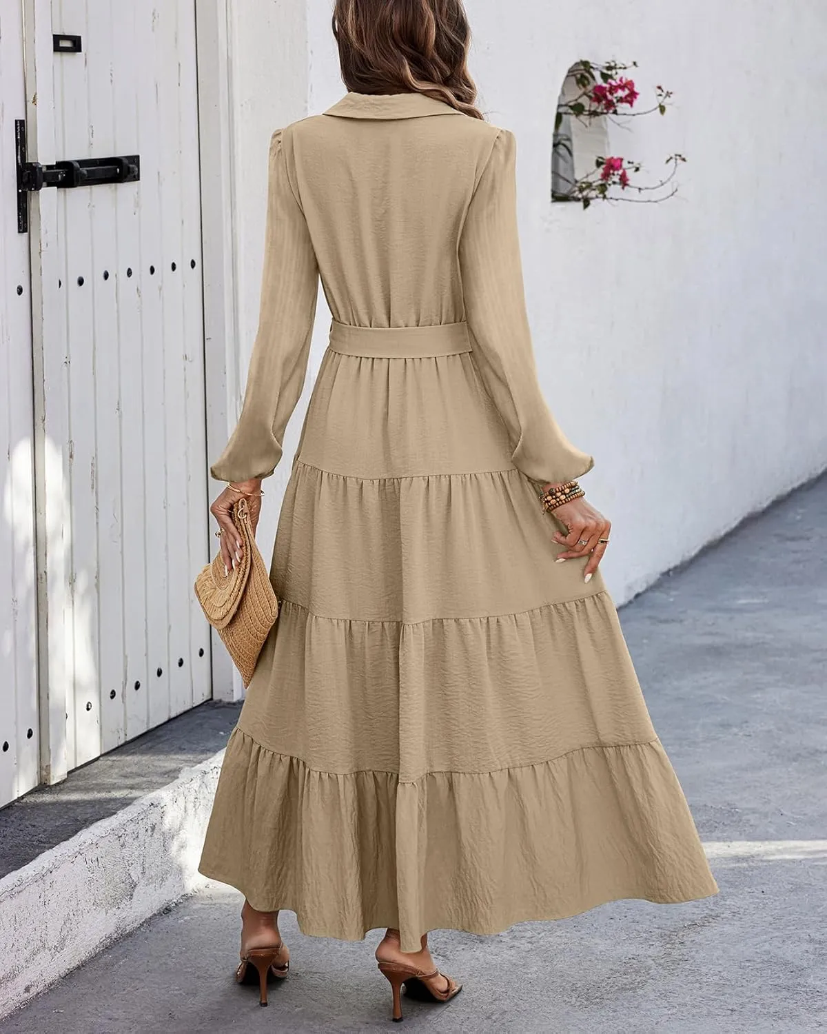 dowerme Women's Spring Dresses 2025 Long Sleeve V Neck Button Down Belted A-Line Flowy Ruffle Maxi Shirt Dress Pockets