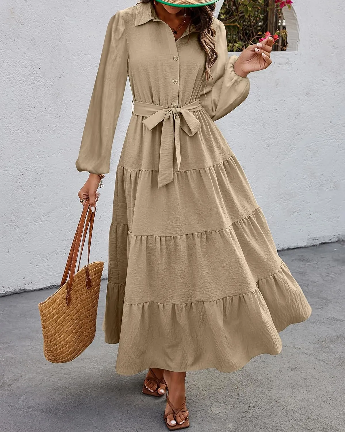 dowerme Women's Spring Dresses 2025 Long Sleeve V Neck Button Down Belted A-Line Flowy Ruffle Maxi Shirt Dress Pockets