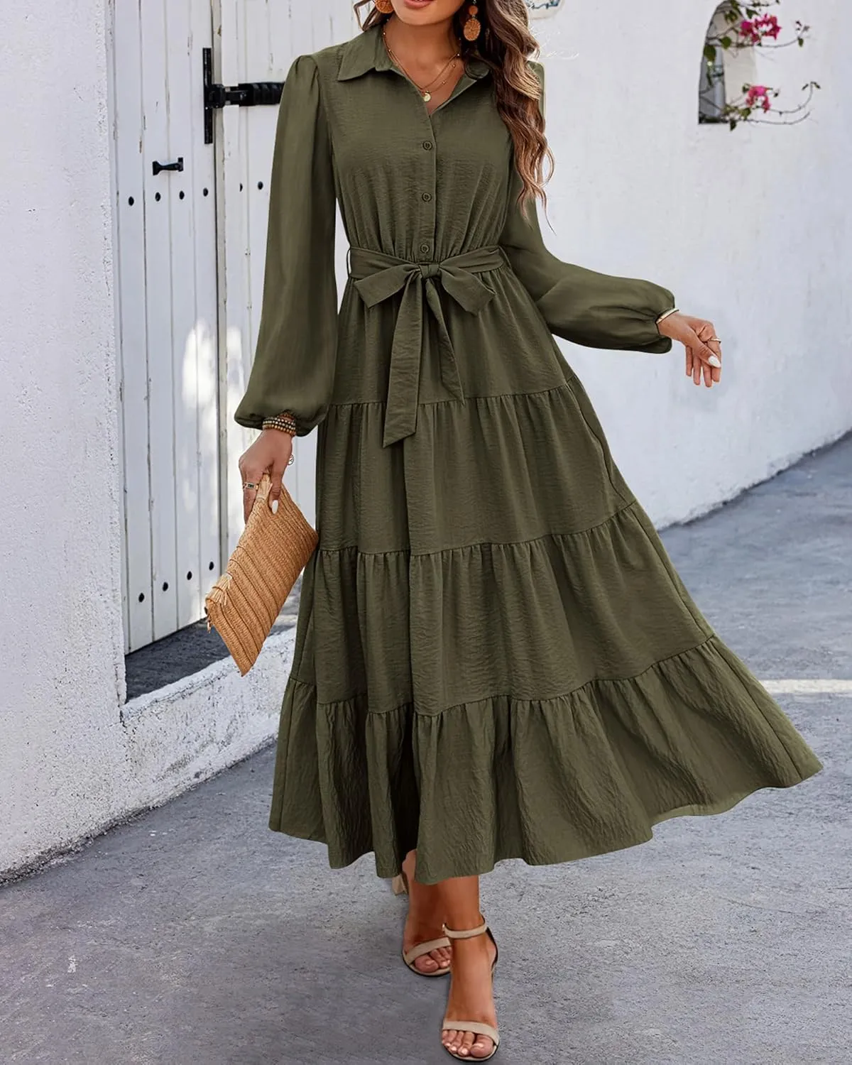dowerme Women's Spring Dresses 2025 Long Sleeve V Neck Button Down Belted A-Line Flowy Ruffle Maxi Shirt Dress Pockets