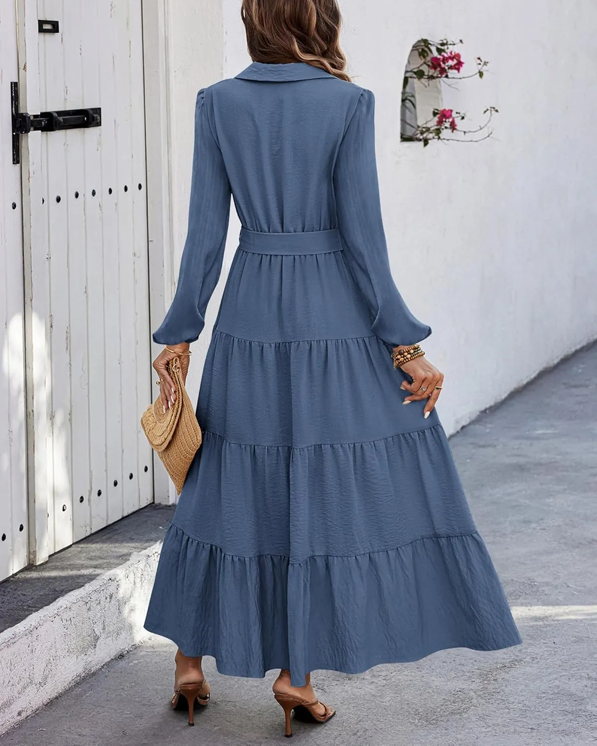 dowerme Women's Spring Dresses 2025 Long Sleeve V Neck Button Down Belted A-Line Flowy Ruffle Maxi Shirt Dress Pockets