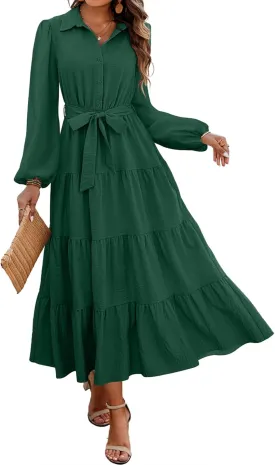 dowerme Women's Spring Dresses 2025 Long Sleeve V Neck Button Down Belted A-Line Flowy Ruffle Maxi Shirt Dress Pockets