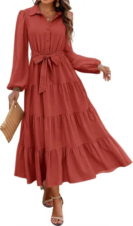 dowerme Women's Spring Dresses 2025 Long Sleeve V Neck Button Down Belted A-Line Flowy Ruffle Maxi Shirt Dress Pockets