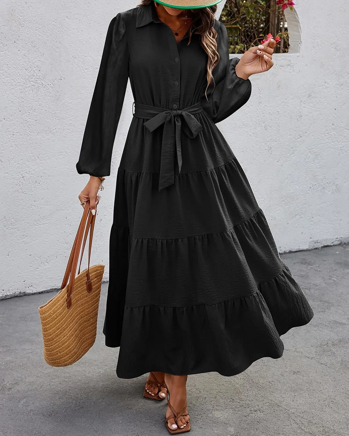dowerme Women's Spring Dresses 2025 Long Sleeve V Neck Button Down Belted A-Line Flowy Ruffle Maxi Shirt Dress Pockets