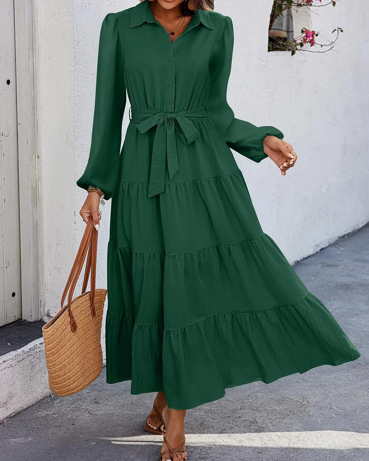dowerme Women's Spring Dresses 2025 Long Sleeve V Neck Button Down Belted A-Line Flowy Ruffle Maxi Shirt Dress Pockets