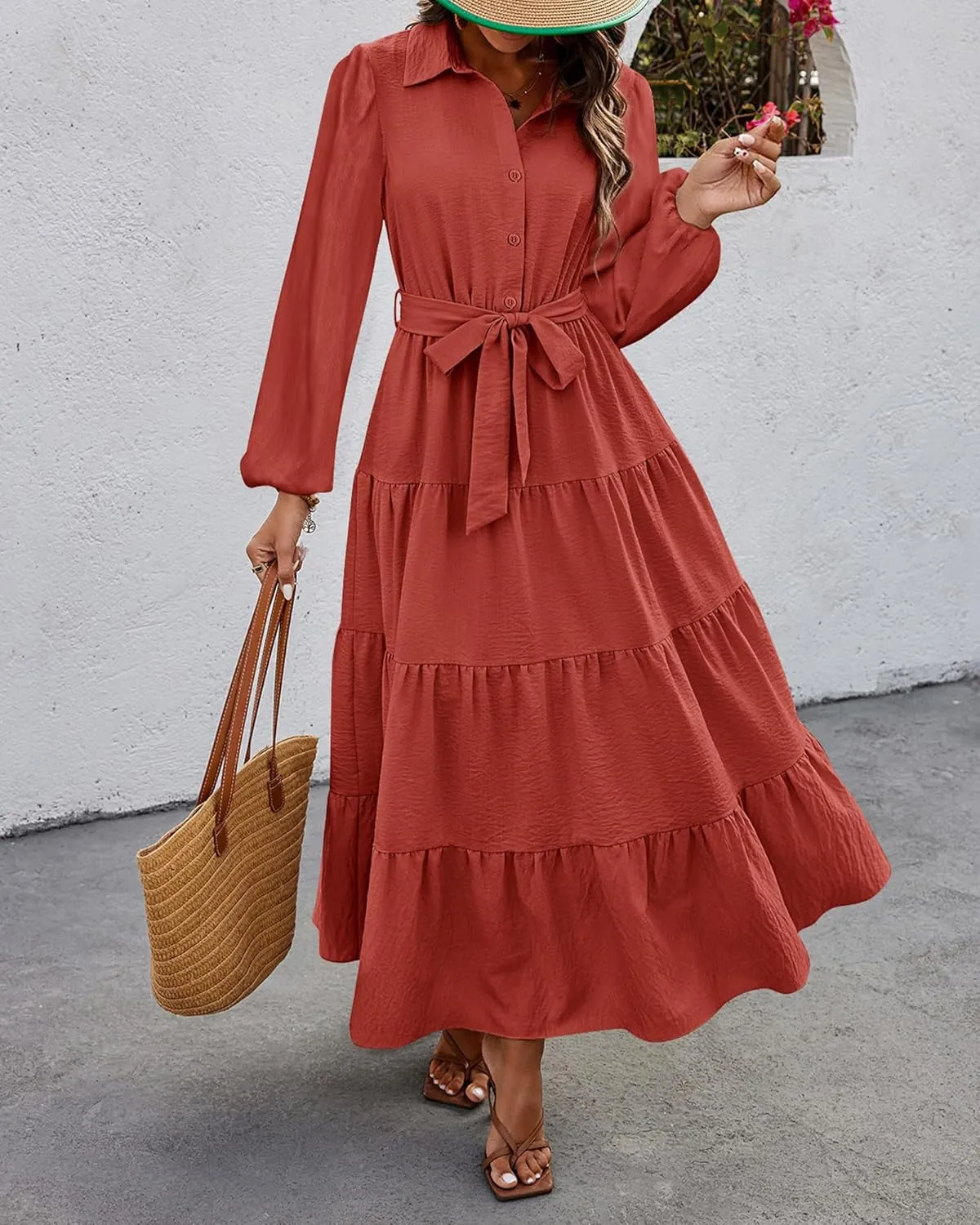 dowerme Women's Spring Dresses 2025 Long Sleeve V Neck Button Down Belted A-Line Flowy Ruffle Maxi Shirt Dress Pockets