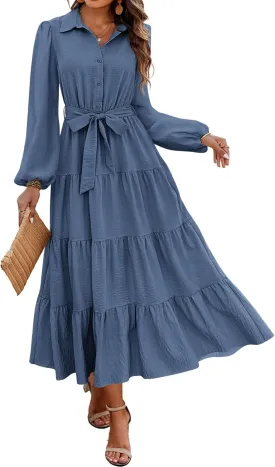 dowerme Women's Spring Dresses 2025 Long Sleeve V Neck Button Down Belted A-Line Flowy Ruffle Maxi Shirt Dress Pockets