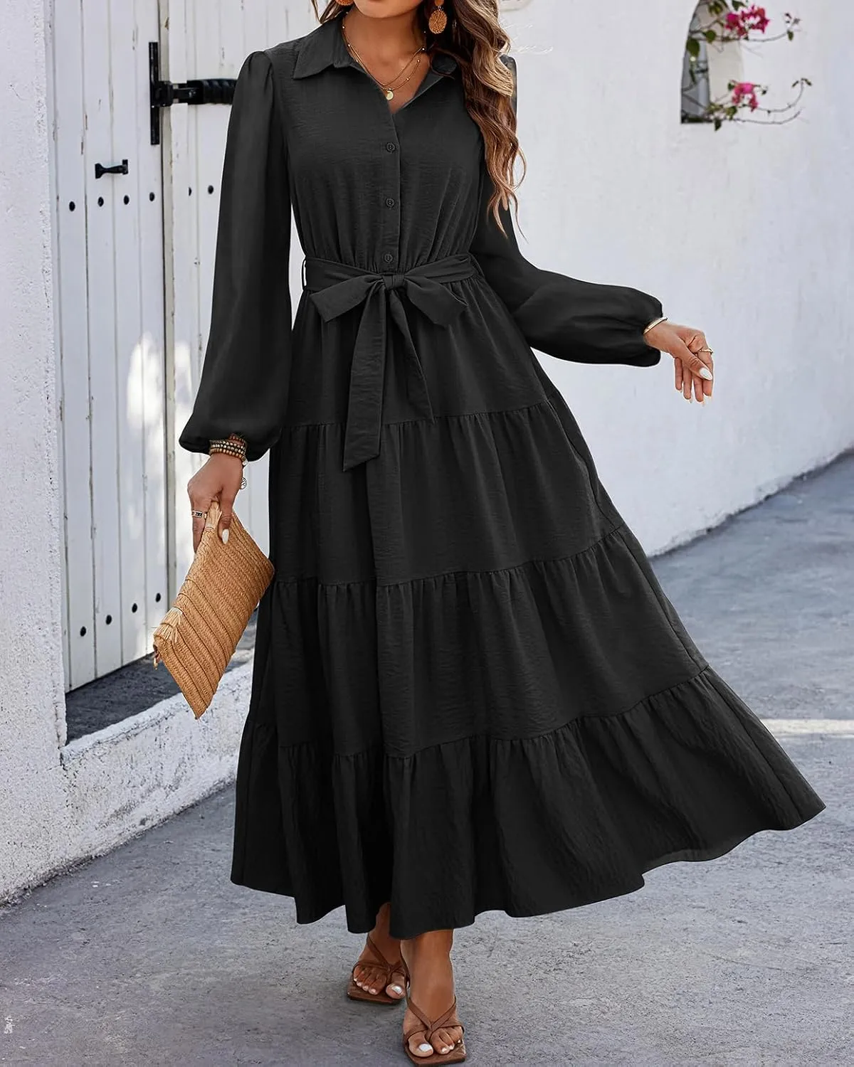 dowerme Women's Spring Dresses 2025 Long Sleeve V Neck Button Down Belted A-Line Flowy Ruffle Maxi Shirt Dress Pockets