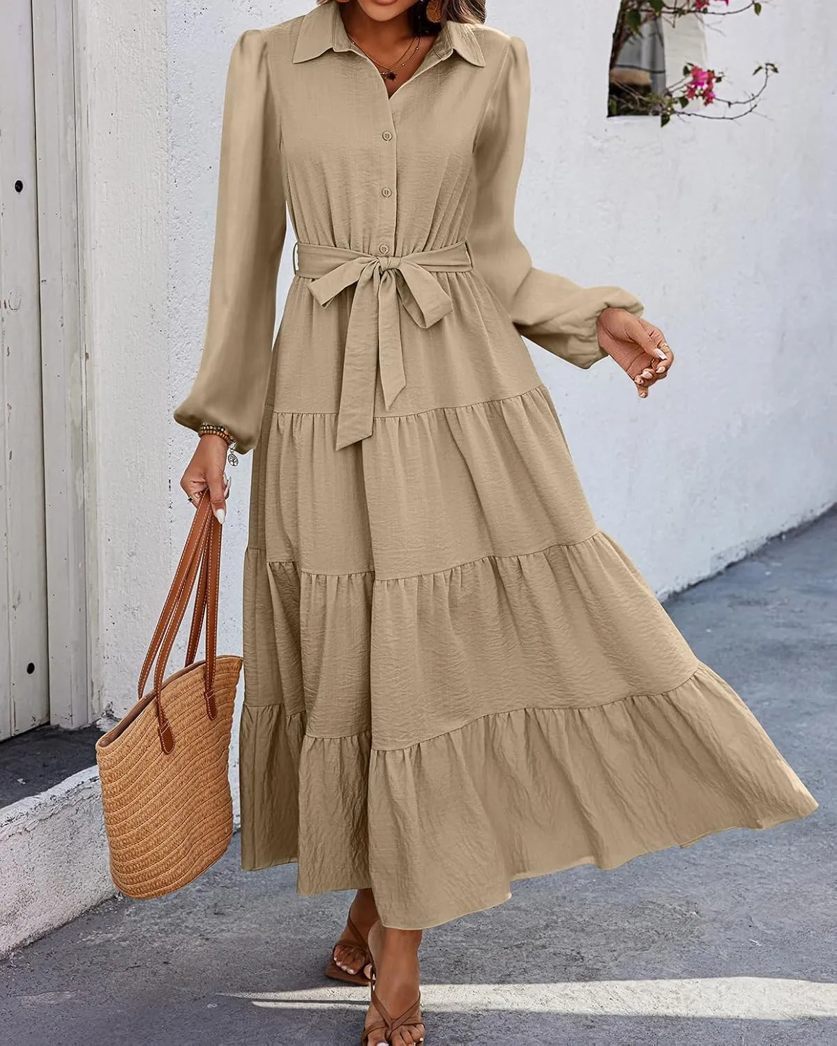 dowerme Women's Spring Dresses 2025 Long Sleeve V Neck Button Down Belted A-Line Flowy Ruffle Maxi Shirt Dress Pockets