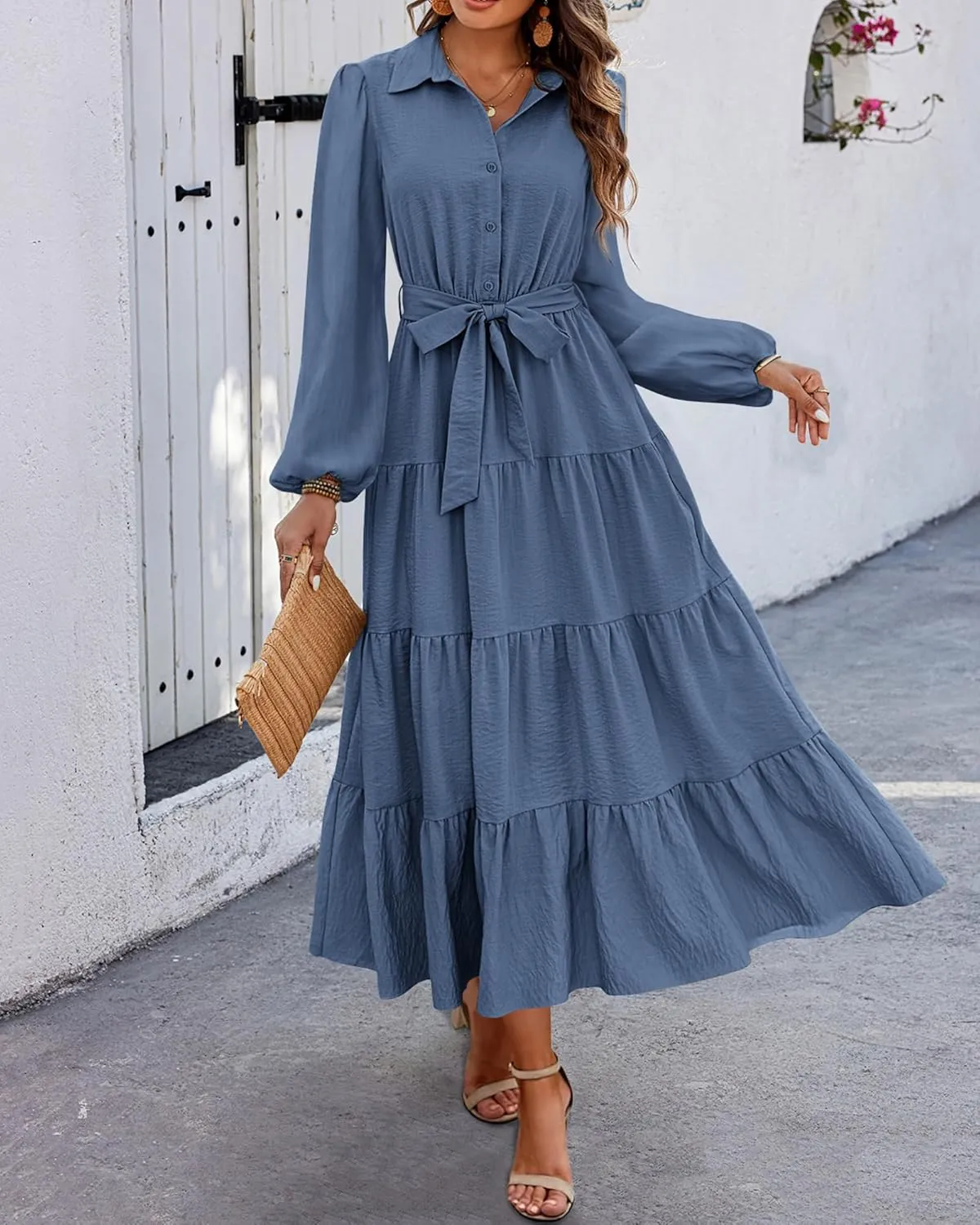dowerme Women's Spring Dresses 2025 Long Sleeve V Neck Button Down Belted A-Line Flowy Ruffle Maxi Shirt Dress Pockets