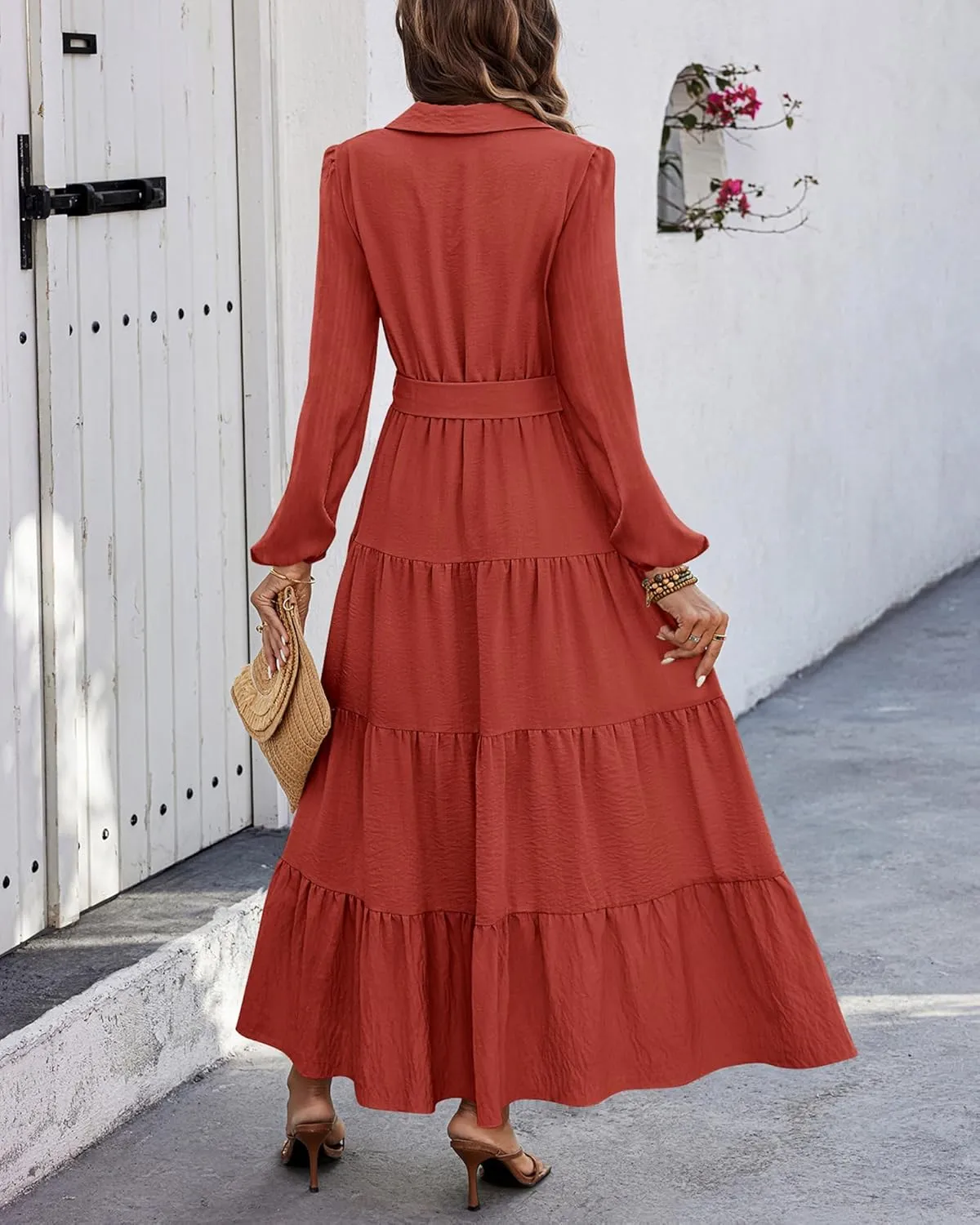 dowerme Women's Spring Dresses 2025 Long Sleeve V Neck Button Down Belted A-Line Flowy Ruffle Maxi Shirt Dress Pockets