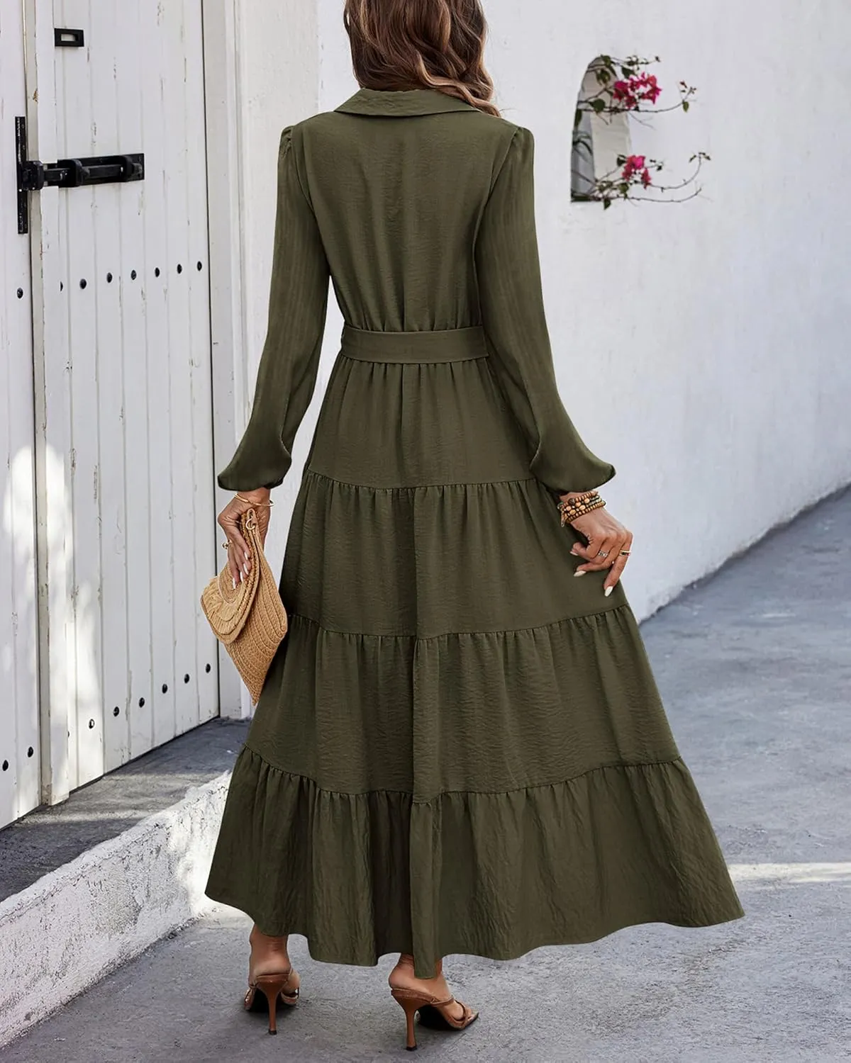 dowerme Women's Spring Dresses 2025 Long Sleeve V Neck Button Down Belted A-Line Flowy Ruffle Maxi Shirt Dress Pockets