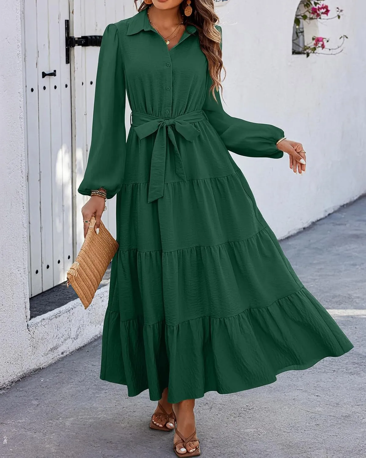 dowerme Women's Spring Dresses 2025 Long Sleeve V Neck Button Down Belted A-Line Flowy Ruffle Maxi Shirt Dress Pockets