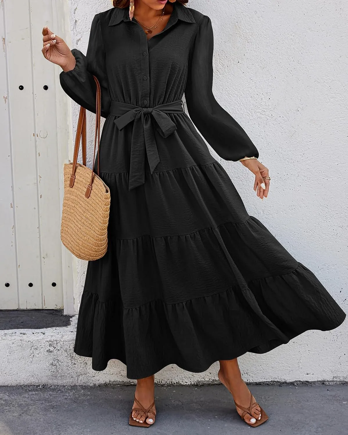 dowerme Women's Spring Dresses 2025 Long Sleeve V Neck Button Down Belted A-Line Flowy Ruffle Maxi Shirt Dress Pockets