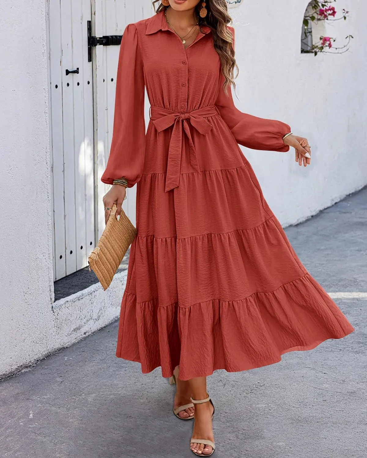 dowerme Women's Spring Dresses 2025 Long Sleeve V Neck Button Down Belted A-Line Flowy Ruffle Maxi Shirt Dress Pockets