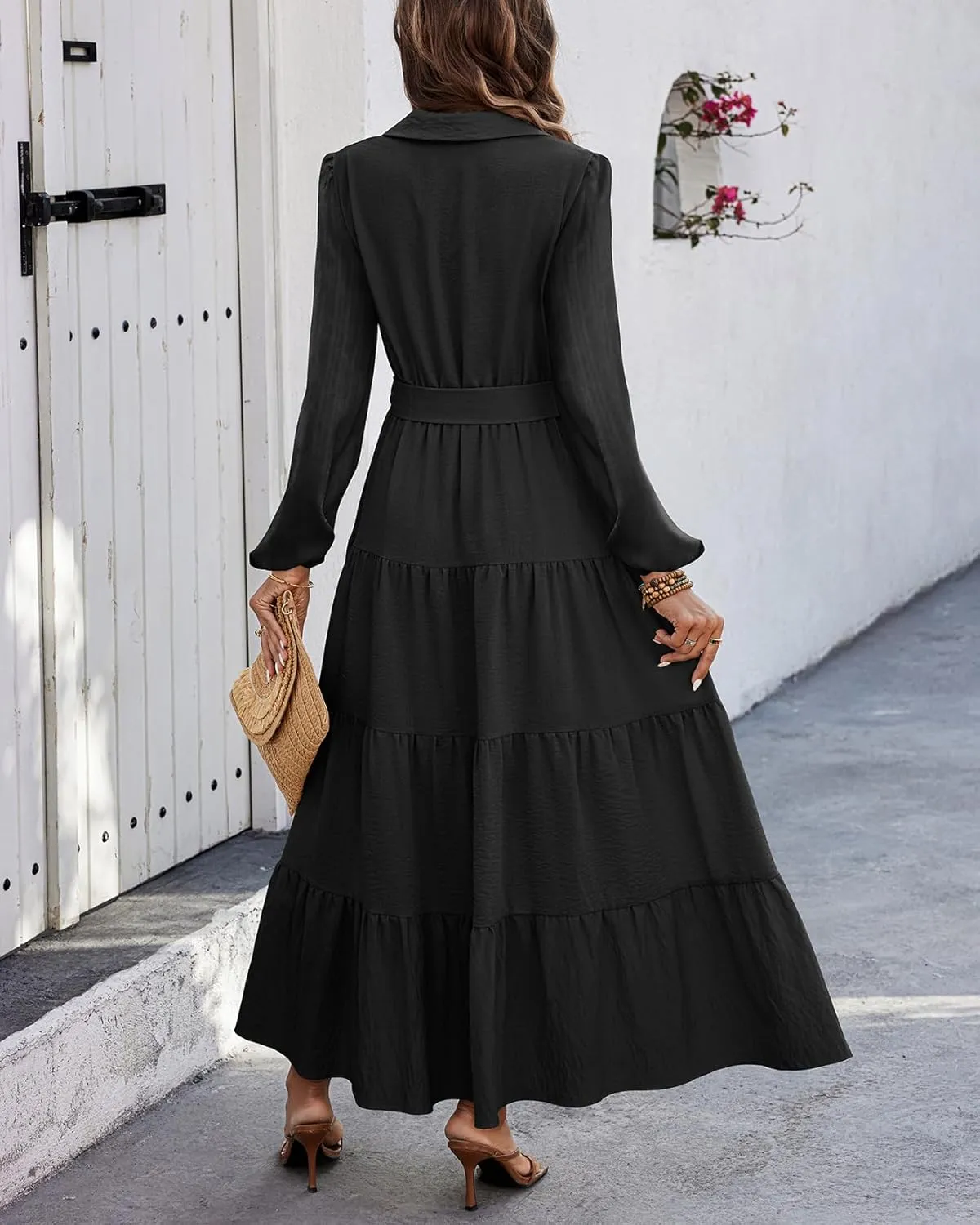 dowerme Women's Spring Dresses 2025 Long Sleeve V Neck Button Down Belted A-Line Flowy Ruffle Maxi Shirt Dress Pockets