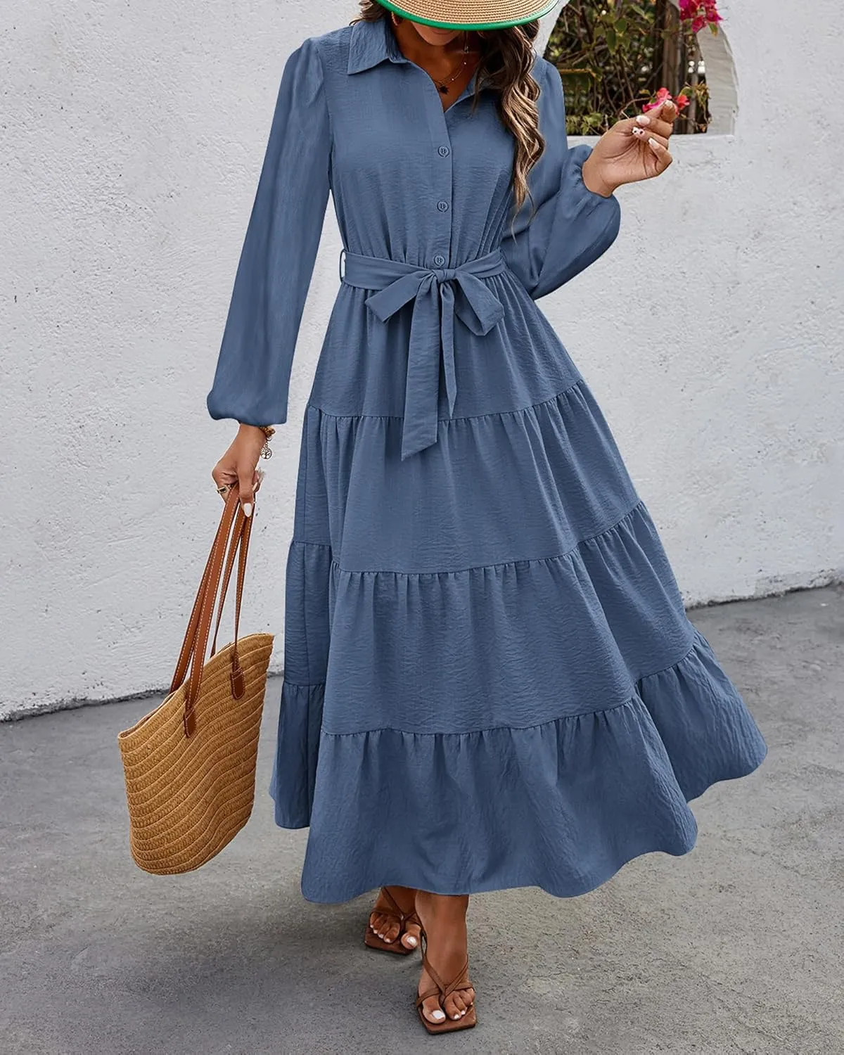dowerme Women's Spring Dresses 2025 Long Sleeve V Neck Button Down Belted A-Line Flowy Ruffle Maxi Shirt Dress Pockets