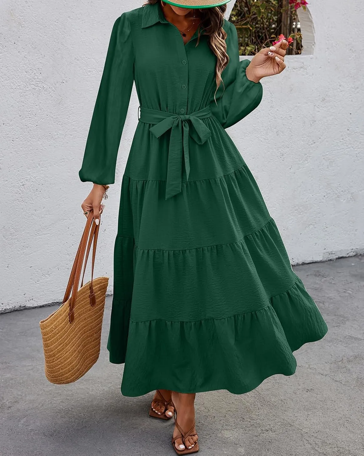 dowerme Women's Spring Dresses 2025 Long Sleeve V Neck Button Down Belted A-Line Flowy Ruffle Maxi Shirt Dress Pockets