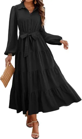 dowerme Women's Spring Dresses 2025 Long Sleeve V Neck Button Down Belted A-Line Flowy Ruffle Maxi Shirt Dress Pockets